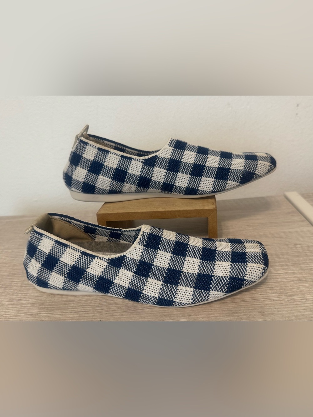Öffen Square Toe Knit Flats Blue White Gingham Check Washable Ballet Shoes 37